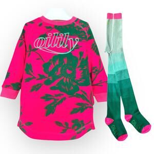 Oilily Heritage Floral Diva Sweat-Dress and Ombré Tights, Size 104 (4T) Hot Pink